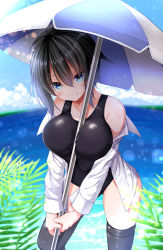 Rule 34 | 1girl, beach umbrella, between breasts, black hair, black one-piece swimsuit, blue eyes, blue sky, breasts, cloud, collarbone, collared shirt, commentary request, day, grin, hair ornament, large breasts, looking at viewer, mokufuu, ocean, one-piece swimsuit, open clothes, open shirt, original, outdoors, shirt, short hair, sky, smile, solo, standing, summer, swimsuit, thighhighs, umbrella, white shirt