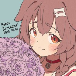 Rule 34 | 1girl, animal collar, animal ears, blush, bone hair ornament, bouquet, braid, brown eyes, brown hair, cartoon bone, collar, dated, dog ears, dog girl, dress, flower, furrowed brow, hair between eyes, hair ornament, hairclip, happy birthday, holding, holding bouquet, hololive, inugami korone, inugami korone (1st costume), kamochomedesu, long hair, looking at viewer, low twin braids, low twintails, open mouth, portrait, red collar, simple background, smile, solo, twin braids, twintails, virtual youtuber, white dress