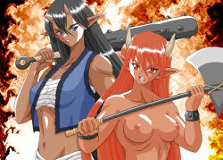 Rule 34 | 2girls, axe, black hair, blue oni, breasts, club, club (weapon), demon girl, horns, kanabou, multiple girls, nipples, oni, pointy ears, red oni, weapon