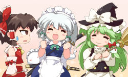 Rule 34 | 3girls, apron, bad id, bad pixiv id, blush, bow, broom, brown eyes, brown hair, cosplay, double dealing character, closed eyes, female focus, frog, frog hair ornament, gohei, green hair, hair bow, hair ornament, hair tubes, hakurei reimu, hat, izayoi sakuya, izayoi sakuya (cosplay), kirisame marisa, kirisame marisa (cosplay), kochiya sanae, konpaku youmu, konpaku youmu (ghost), long hair, maid, maid apron, maid headdress, multiple girls, open mouth, short hair, silver hair, smile, snake, snake hair ornament, sweatdrop, sword, touhou, weapon, witch hat, zipang (zip@ng works)