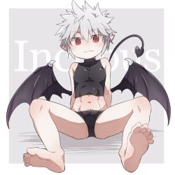 Rule 34 | 1boy, bad id, bad pixiv id, barcode, barcode tattoo, barefoot, bulge, crop top, demon boy, demon tail, demon wings, english text, full body, grey background, looking at viewer, male focus, original, outside border, pointy ears, pubic tattoo, red eyes, shorts, simple background, sitting, sleeveless, solo, spiked hair, tail, tattoo, white hair, wings, wool bl