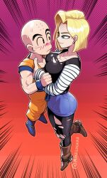 Rule 34 | 1boy, 1girl, android 18, bald, blonde hair, breasts, cleavage, collarbone, couple, dragon ball, dragonball z, earrings, face-to-face, flying, grin, jewelry, kuririn, large breasts, looking at another, mike luckas, short hair, skirt, smile, sword, torn clothes, weapon
