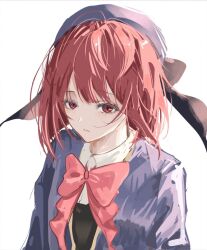 Rule 34 | 1girl, arima kana, beret, black bow, black ribbon, black vest, blue hat, blue jacket, bow, bowtie, closed mouth, collared shirt, commentary request, hat, hat bow, jacket, oshi no ko, partial commentary, pink bow, pink bowtie, red eyes, red hair, revision, ribbon, school uniform, shirt, short hair, solo, vest, white background, white shirt, youtou high school uniform, ytk nina x
