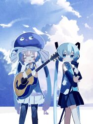 Rule 34 | 2girls, acoustic guitar, aqua eyes, aqua hair, aqua necktie, bare shoulders, black skirt, black sleeves, blue hair, blue headwear, closed eyes, closed mouth, cloud, cloudy sky, collared dress, commentary, cowboy shot, day, detached sleeves, dot mouth, dress, eel hat, eyelashes, guitar, hair ornament, hatsune miku, highres, hikimayu, holding, holding instrument, holding microphone stand, instrument, large hat, lips, long hair, microphone, microphone stand, miniskirt, multiple girls, music, necktie, open mouth, otomachi una, otomachi una (talkex), outdoors, outstretched arm, pantyhose, playing instrument, pleated skirt, puckered lips, purple dress, sailor collar, skirt, sky, sleeveless, sleeveless dress, standing, syare 0603, talkex, twintails, very long hair, vocaloid, voiceroid, white sailor collar