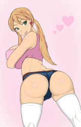 Rule 34 | 1girl, artist request, ass, backboob, bare shoulders, belt, blonde hair, blush, breast hold, breasts, cleft of venus, denim, denim shorts, earrings, fat mons, from behind, green eyes, gundam, gundam tekketsu no orphans, heart, huge ass, huge breasts, jewelry, lafter frankland, long hair, looking at viewer, looking back, shiny skin, short shorts, shorts, smile, solo, thighhighs, tongue, tongue out, twintails, white thighhighs, wide hips