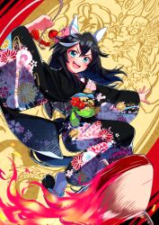 Rule 34 | 1girl, absurdres, animal ears, arm up, black hair, black kimono, blue eyes, blush, crossed bangs, ear covers, floral print, flower, freely2327, hair down, hair flower, hair ornament, highres, holding, holding string, horse ears, horse girl, horse tail, japanese clothes, katsuragi ace (umamusume), kimono, long sleeves, looking at viewer, new year, obi, open mouth, outstretched arm, round teeth, sandals, sash, smile, socks, solo, spinning top, string, tabi, tail, teeth, umamusume, upper teeth only, v-shaped eyebrows, white socks, wide sleeves