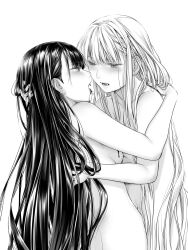 Rule 34 | 2girls, blood, blood from mouth, blood on breasts, blush, commentary request, completely nude, eye contact, fangs, greyscale, hand on another&#039;s back, hand on another&#039;s head, hand on another&#039;s shoulder, highres, hug, long hair, looking at another, monochrome, multiple girls, navel, nude, original, takekawa shin, vampire, yuri