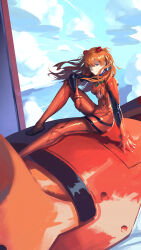 absurdres blue_eyes blue_sky breasts cloud cloudy_sky cropped edward_tsang full_body highres large_breasts long_hair looking_at_viewer neon_genesis_evangelion orange_hair plugsuit sky smile souryuu_asuka_langley