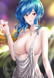 Rule 34 | 1girl, azur lane, backless dress, backless outfit, bare shoulders, black yu, blue hair, blue nails, blurry, blurry background, bracelet, breasts, cleavage, collarbone, cowboy shot, cup, dress, drinking glass, earrings, evening gown, grey dress, hair ornament, hairclip, halter dress, halterneck, highres, holding, holding cup, jewelry, large breasts, medium hair, nail polish, necklace, plunging neckline, red eyes, revealing clothes, side ponytail, sidelocks, silver dress, solo, st. louis (azur lane), st. louis (luxurious wheels) (azur lane), wine glass