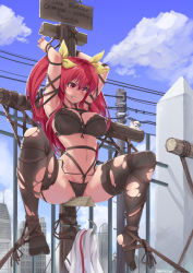 Rule 34 | 10s, 1girl, angry, bad id, bad pixiv id, bdsm, black bra, black panties, black thighhighs, blue sky, blush, bondage, bound, bra, breasts, character watermark, clenched teeth, cloud, cross, crotch rope, crucifixion, day, female focus, frilled bra, frills, frogtie, hair ribbon, highres, humiliation, kantai collection, large breasts, legs up, long hair, mutsu (kancolle), mutsu (kantai collection), mutsu (snail), navel, outdoors, panties, predicament bondage, rakudai kishi no cavalry, red eyes, red hair, ribbon, rope, shibari, sky, solo, spread legs, stella vermillion, stormcow, teeth, thighhighs, torn clothes, torn thighhighs, underwear, underwear only, wooden horse