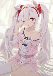 Rule 34 | 1girl, animal ears, azur lane, blush, bow, bow panties, breasts, camisole, collarbone, commentary request, gotyou, hair between eyes, hairband, highres, indoors, laffey (azur lane), long hair, looking at viewer, one eye closed, open clothes, pajamas, panties, parted lips, pink panties, red bow, red eyes, silver hair, single thighhigh, sitting, small breasts, solo, strap slip, striped clothes, striped panties, thighhighs, twintails, underwear, wariza, white thighhighs
