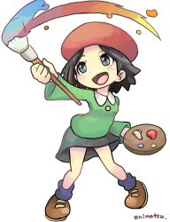 Rule 34 | 1girl, adeleine, beret, black hair, brown footwear, commentary request, full body, hat, highres, holding, holding paintbrush, kirby (series), kirby 64, looking up, nintendo, onimotsu matarou, open mouth, paintbrush, palette (object), red hat, short hair, signature, simple background, skirt, smile, solo, white background