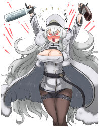 Rule 34 | 1girl, :d, arms up, azur lane, black gloves, blush, bottle, breasts, brown pantyhose, cleavage cutout, clothing cutout, commentary request, cowboy shot, drunk, gangut (azur lane), gloves, hat, hey taisyou, highres, holding, holding bottle, large breasts, long hair, long sleeves, nose blush, open mouth, pantyhose, partially fingerless gloves, red eyes, silver hair, simple background, smile, solo, squeans, very long hair, white background