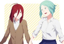 Rule 34 | 2others, ahoge, alternate costume, aqua eyes, aqua hair, bad id, bad twitter id, blush, cinnabar (houseki no kuni), colored eyelashes, contemporary, green eyes, green hair, hair between eyes, highres, holding hands, houseki no kuni, humanization, long bangs, looking at another, multiple others, phosphophyllite, red eyes, red hair, school uniform, short hair, skirt, sleeves rolled up, smile, sweater, tea oden