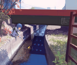 Rule 34 | 1girl, autumn leaves, ayanami rei, bird, blue eyes, blue hair, bridge, canal, cityscape, day, duck, ladder, matching hair/eyes, neon genesis evangelion, nitoren, outdoors, plugsuit, power lines, red eyes, reflection, ripples, river, rubber duck, shadow, shallow water, short hair, solo, squatting, town, tree, branch, twig, utility pole, water