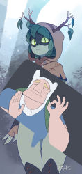 Rule 34 | 1boy, 1girl, absurdres, adventure time, breasts, censored, collarbone, colored sclera, colored skin, dark nipples, domino mask, finn the human, green eyes, green sclera, green skin, highres, huntress wizard, leaf, mask, meme, nipples, pacha meme, plant hair, ra4s, slit pupils, the emperor&#039;s new groove, thighhighs, thighs