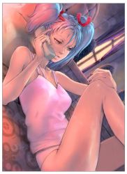 Rule 34 | 1girl, blue hair, breasts, char&#039;s counterattack, gundam, highres, holding, holding phone, looking down, lying, parted lips, phone, pink eyes, pink tank top, quess paraya, small breasts, solo, talking on phone, tank top, twintails, uneven twintails, window, yasuda akira