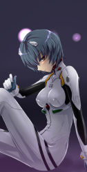 Rule 34 | 1girl, arm support, ayanami rei, bad id, bad pixiv id, blue hair, blush, bodysuit, breasts, highres, leg up, neon genesis evangelion, plugsuit, prime, profile, red eyes, short hair, sitting, skin tight, solo