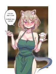 Rule 34 | 1girl, 2021, absurdres, animal ear fluff, animal ears, apron, areola slip, arknights, artist name, bare shoulders, blurry, blurry background, blush, border, breasts, cleavage, collarbone, commentary, cowboy shot, cup, english text, green apron, hair ornament, hairclip, hands up, heart, heart-shaped pupils, highres, holding, holding cup, holding marker, iced latte with breast milk (meme), large breasts, looking at viewer, lyneriee, marker, meme, naked apron, nose blush, outside border, purple eyes, simple background, solo, speech bubble, starbucks, straight-on, symbol-shaped pupils, tail, utage (arknights), wavy mouth, white border, x hair ornament