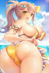 Rule 34 | 1girl, :d, armlet, beach, bikini, bow, breast press, breasts, brown hair, cameltoe, can, cloud, drink can, food-themed hair ornament, from behind, hair bow, hair ornament, hairclip, high ponytail, highres, large breasts, long hair, looking at viewer, mg kurino, ocean, open mouth, original, outdoors, ponytail, red bow, shiny skin, sideboob, sky, smile, soda can, solo, striped bikini, striped clothes, summer, swimsuit, wet, yellow bikini, yellow bow, yellow eyes