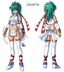 Rule 34 | 1girl, annet myer, armlet, bow, character name, detached sleeves, el viento, elbow gloves, gloves, green hair, jilpoong17, ley mei, loincloth, long hair, midriff, multiple views, navel, ribbon, socks, thighhighs, turnaround, white background, white socks