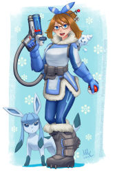 Rule 34 | 1girl, beads, blue eyes, boots, breasts, brown eyes, brown hair, coat, cosplay, creatures (company), crossover, fur-trimmed boots, fur boots, fur trim, game freak, gen 4 pokemon, gen 5 pokemon, glaceon, glasses, gloves, gun, hair ornament, hair ribbon, hair stick, highres, may (pokemon), may (pokemon oras), mei (overwatch), mei (overwatch) (cosplay), name connection, nintendo, open mouth, overwatch, overwatch 1, poke ball, pokemon, pokemon oras, pun, ribbon, sciamano240, smile, snow boots, snowflakes, vanillite, weapon, winter clothes