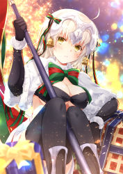 Rule 34 | 1girl, aged up, ahoge, bell, blonde hair, blush, box, breasts, christmas, cleavage, fate (series), flag, gift, gift box, hair ornament, hair ribbon, helm, helmet, highres, holding, holding flag, iroha (shiki), jeanne d&#039;arc (fate), jeanne d&#039;arc alter santa lily (fate), large breasts, looking at viewer, multicolored background, neck ribbon, ribbon, sitting, solo, thighhighs, yellow eyes