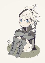 Rule 34 | 1boy, blue eyes, blush stickers, boots, chibi, expressionless, flower, gloves, jacket, knees up, looking at viewer, male focus, malt 40, nier, nier (brother), nier (series), sitting, sketch, solo, white hair