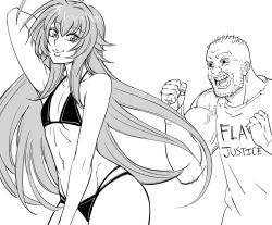 Rule 34 | 1boy, 1girl, alternate breast size, bb (baalbuddy), beard, biceps, bikini, closed mouth, commentary, coomer (meme), english commentary, facial hair, flat chest, greyscale, hand up, high school dxd, highres, long hair, looking at viewer, meme, monochrome, multi-strapped bikini, muscular, muscular male, navel, rias gremory, shirt, simple background, smile, swimsuit, very long hair, white background