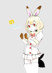 Rule 34 | 10s, 1girl, absurdres, animal ears, bow, bowtie, rabbit ears, rabbit tail, cowboy shot, fur trim, gloves, grey background, highres, japari symbol, kemono friends, mountain hare (kemono friends), red eyes, simple background, solo, sunagawa383, tail, thighhighs, upper body, white hair