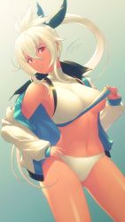 Rule 34 | 1girl, ahoge, bare shoulders, bikini, bikini top lift, bow, breasts, clothes lift, dark-skinned female, dark skin, granblue fantasy, hair between eyes, hair bow, hand on own hip, hell machina, highres, jacket, large breasts, lifting own clothes, long hair, long sleeves, looking at viewer, navel, open clothes, open jacket, parted lips, red eyes, sideboob, signature, smile, solo, swimsuit, very long hair, white bikini, white hair, zooey (granblue fantasy)