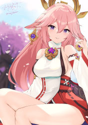 Rule 34 | 1girl, absurdres, animal ears, bare shoulders, blurry, blurry background, blush, breasts, closed mouth, commentary request, depth of field, feet out of frame, genshin impact, hair between eyes, highres, looking at viewer, medium breasts, ochinsama, petals, pink hair, pleated skirt, purple eyes, red skirt, shirt, sideboob, signature, skirt, sleeveless, sleeveless shirt, smile, solo, tree, twitter username, white shirt, yae miko