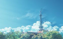 Rule 34 | bird, blue sky, cloud, day, hatsuame, highres, no humans, original, outdoors, radio tower, satellite dish, scenery, sky, summer, tree