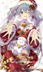 Rule 34 | &gt; o, 1girl, aqua eyes, aqua hair, bell, christmas, detached collar, detached sleeves, gift, hat, hatsune miku, jingle bell, linfi-muu, long hair, merry christmas, one eye closed, open mouth, outstretched arms, pom pom (clothes), rabbit, red hat, santa costume, santa hat, simple background, star (symbol), twintails, very long hair, vocaloid, white background, yukine (vocaloid)