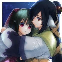 Rule 34 | 2girls, absurdly long hair, age difference, ainu clothes, animal ears, aquaplus, black hair, breezefu00, brown hair, closed mouth, dress, from side, gradient eyes, hair between eyes, hair ornament, hair ribbon, height difference, high ponytail, hug, kuon (utawarerumono), layered sleeves, long hair, long sleeves, looking at another, mole, mole under eye, multicolored eyes, multiple girls, nekone (utawarerumono), night, night sky, orange eyes, parted lips, ponytail, red eyes, red ribbon, ribbon, sidelocks, signature, sky, smile, star (sky), starry sky, swept bangs, twintails, utawarerumono, utawarerumono: futari no hakuoro, utawarerumono: itsuwari no kamen, very long hair, wide sleeves