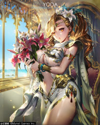 Rule 34 | 1girl, armchair, armlet, armor, artist name, blonde hair, bouquet, bracelet, breasts, butterfly ornament, cape, center opening, chair, cowboy shot, curtains, day, diadem, dress, earrings, flower, gem, hair flower, hair ornament, highres, holding, holding bouquet, indoors, jewelry, large breasts, light particles, long hair, looking at viewer, maboroshi juuhime, navel, orange eyes, pauldrons, ponytail, red flower, revealing clothes, ribbon, ring, see-through, shoulder armor, side slit, sleeveless, sleeveless dress, solo, swept bangs, watermark, web address, white cape, white dress, white flower, window, yoda (ayanamikodon)