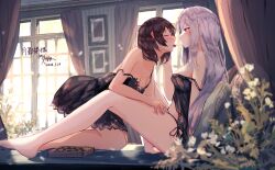 Rule 34 | 2girls, absurdres, babydoll, barefoot, benevole, black panties, black vs white, blue eyes, blush, breasts, brown hair, cleavage, closed eyes, closed mouth, collarbone, commentary request, curtains, dated, day, from side, grey hair, highres, indoors, lingerie, long hair, looking at another, medium breasts, multiple girls, negligee, on bed, open mouth, original, panties, profile, sexually suggestive, short hair, sitting, strap slip, underwear, very long hair, window, yonic symbol, yuri