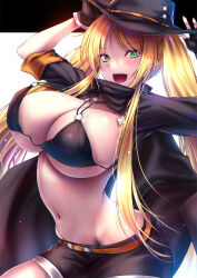 Rule 34 | 1girl, :d, akeyama kitsune, arms up, azur lane, bikini, black bikini, black gloves, black hat, black shorts, blonde hair, blush, breasts, commentary request, commission, fingerless gloves, gloves, green eyes, hat, hornet (azur lane), hornet ii (azur lane), large breasts, long hair, long sleeves, navel, open mouth, pixiv commission, shorts, smile, solo, stomach, swimsuit, twintails