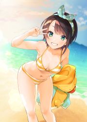 Rule 34 | 1girl, aqua eyes, arm up, armpits, beach, bikini, blue sky, breasts, brown hair, cleavage, cloud, commentary request, contrapposto, day, deflated, feet out of frame, grin, hair ribbon, halterneck, holding, holding clothes, holding jacket, hololive, horizon, inflatable toy, jacket, leaning forward, looking at viewer, medium breasts, nokachoco114, ocean, oozora subaru, oozora subaru (hololive summer 2019), outdoors, polka dot, polka dot ribbon, ribbon, short hair, sky, smile, solo, standing, striped bikini, striped clothes, swept bangs, swimsuit, teeth, unworn jacket, v over eye, virtual youtuber