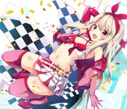 Rule 34 | 1girl, :d, alternate costume, bad id, bad twitter id, bare shoulders, belt, bikini, bikini top only, blush, boots, breasts, checkered flag, collarbone, criss-cross halter, elbow gloves, fate/kaleid liner prisma illya, fate (series), flag, front-tie top, full body, gloves, hair between eyes, hair ribbon, hairband, halterneck, high heel boots, high heels, holding, illyasviel von einzbern, long hair, looking at viewer, maruchan., miniskirt, navel, off shoulder, open mouth, pentagram, pink bikini, pink footwear, pink gloves, prisma illya, race queen, red eyes, red hairband, red ribbon, ribbon, simple background, skirt, small breasts, smile, solo, star (symbol), stomach, swimsuit, tareme, thigh boots, thighhighs, very long hair, white skirt