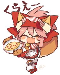 Rule 34 | 1girl, animal ear fluff, animal ears, animal hands, bell, blush, chibi, claws, closed eyes, commentary request, fang, fate/grand order, fate (series), food, fox ears, fox girl, fox tail, full body, holding, holding plate, neck bell, omelet, omurice, open mouth, pink hair, plate, ponytail, rkp, roller skates, sauce, short sleeves, sidelocks, signature, simple background, skates, skin fang, solo, tail, tamamo (fate), tamamo cat (fate), visor cap, white background