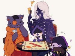 Rule 34 | +++, 1boy, blue shirt, blue skin, blush, board game, buttons, cat, chair, colored skin, deltarune, dice, double-breasted, eighth note, fang, hat, highres, jester cap, jevil, lancer (deltarune), long sleeves, monopoly, musical note, on lap, orange tunic, patch, playing games, purple fur, purple skin, rouxls kaard, scar, seam (deltarune), shirt, simple background, smile, surprised, sweat, table, tail, tunic, white background, white hair, y o u k a