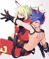Rule 34 | 2boys, baggy pants, black gloves, blue eyes, blue hair, galo thymos, gloves, green hair, half gloves, highres, jacket, lio fotia, male focus, multiple boys, open mouth, outstretched arm, pants, pectorals, promare, purple eyes, topless male, short hair, smile, soto, spiked hair