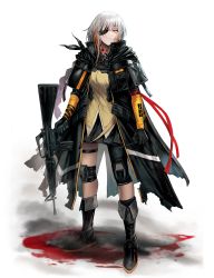 Rule 34 | 1girl, absurdres, assault rifle, bad id, bad pixiv id, blonde hair, blood, boots, braid, breasts, cloak, expressionless, eyepatch, full body, girls&#039; frontline, gloves, gun, highres, holding, holding gun, holding weapon, huge filesize, jacket, knee pads, long hair, looking at viewer, m16, m16a1, m16a1 (boss) (girls&#039; frontline), mole, mole under eye, multicolored hair, nlitz, rifle, sangvis ferri, scar, scarf, shirt, skirt, solo, streaked hair, untucked shirt, walkie-talkie, weapon, white hair, white shirt, yellow eyes