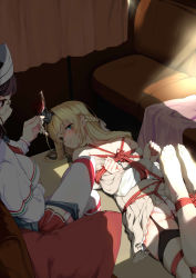 Rule 34 | 2girls, :t, absurdres, aqua eyes, arms behind back, ass, bdsm, blonde hair, blush, bondage, bound, braid, breasts, brown eyes, brown hair, crossed legs, crotch rope, crown, cup, curtains, drinking glass, femdom, garter straps, highres, kantai collection, long hair, lying, medium breasts, mini crown, multiple girls, off shoulder, on stomach, panties, pink panties, pleated skirt, pout, red skirt, restrained, roma (kancolle), sitting, skirt, tears, tendo (zhazhatiantong), thighhighs, underwear, warspite (kancolle), white legwear, wine glass