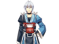 Rule 34 | 1boy, ahoge, belt, bridal gauntlets, choker, collarbone, game cg, glasses, long sleeves, male focus, morichika rinnosuke, pouch, riv (rivleaf), silver hair, smile, solo, straight-on, touhou, transparent background, wide sleeves, yellow eyes