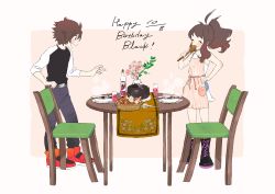 Rule 34 | 1boy, 1girl, absurdres, antenna hair, apron, bare arms, belt buckle, black footwear, blush, boots, bowl, brown hair, buckle, chair, closed eyes, closed mouth, commentary request, creatures (company), flower, food, game freak, grey pants, hagetapo, hand on own hip, happy birthday, high ponytail, highres, hilbert (pokemon), hilda (pokemon), holding, nintendo, open mouth, pants, pink flower, pokemon, pokemon adventures, raglan sleeves, red footwear, shirt, shoes, short hair, sidelocks, smile, standing, steam, table