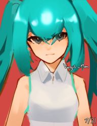 Rule 34 | 1girl, absurdres, bare shoulders, blouse, blue hair, closed mouth, collared shirt, dated, grey eyes, hatsune miku, highres, looking at viewer, red background, shirt, signature, simple background, sleeveless, sleeveless shirt, solo, twintails, vergil mon, vocaloid, white shirt, wing collar