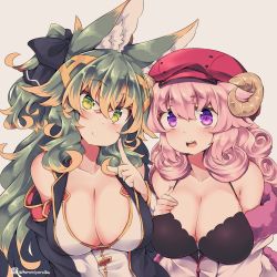 Rule 34 | 2girls, animal ear fluff, animal ears, beret, black ribbon, breasts, cleavage, closed mouth, collarbone, commentary request, curled horns, green eyes, green hair, grey background, hair between eyes, hair ribbon, hat, horns, kuromiya, kuromiya raika, kuzakura mika, large breasts, looking at viewer, multicolored hair, multiple girls, orange hair, original, pink hair, purple eyes, red headwear, ribbon, sheep horns, smile, two-tone hair, upper body