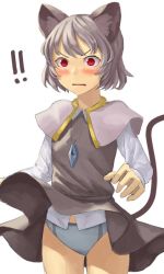 Rule 34 | !, !!, 1girl, animal ears, blue panties, blush, capelet, dress, grey hair, jewelry, kurione (zassou), long sleeves, mouse ears, mouse tail, nazrin, necklace, open mouth, panties, pantyshot, red eyes, short hair, simple background, solo, tail, touhou, underwear, upskirt, white background